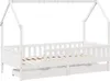 A white wooden children's bed with a house-shaped frame and two drawers underneath, shown against a white background. Náhled obrázku produktu