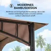 A close-up view of a brown gazebo with a bamboo-inspired design, set against a backdrop of palm trees and a blue sky. Náhled obrázku produktu
