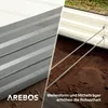 A split image showing stacked metal garden bed panels on the left and a partially assembled garden bed in the ground on the right. Produktbild-Vorschau