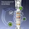 A shower head with a filter cartridge, surrounded by water splashes and icons representing water purity and microorganisms. Produktbild-Vorschau