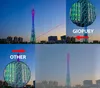 A collage of images showing a tall tower illuminated with colorful lights, with zoomed-in sections and text overlays. Produktbild-Vorschau