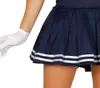 Close-up of a person wearing a navy blue pleated skirt with white stripes at the hem and white gloves. Produktbild-Vorschau