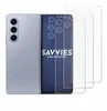 A silver foldable smartphone is shown next to three clear screen protectors. The screen protectors are layered on top of each other, with the phone partially obscuring the leftmost protector. The phone's rear camera array is visible on the left side of the Produktbild-Vorschau