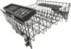 A close-up of a dishwasher rack, made of metal wire and a dark gray plastic tray. Produktbild-Vorschau