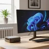 A mini PC, monitor, and keyboard are set up on a wooden desk in a well-lit room. Produktbild-Vorschau
