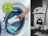 A split image showing a hand putting cleaning cloths into a washing machine on the left, and a cartoon trash can with money in its mouth on the right. Náhľad obrázku produktu