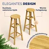Two wooden bar stools are shown in a studio setting with decorative greenery at the bottom left. Text overlays highlight design features. Anteprima dell’immagine prodotto