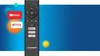 A remote control for a media player is shown against a blue background with colorful bokeh effects. Several app icons are displayed on the left side of the image. Produktbild-Vorschau