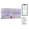A painting of a harbor at sunrise is shown next to a smartphone displaying a heating control app and a graphic indicating app control. Produktbild-Vorschau