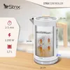 A collage of an electric kettle with various feature callouts and dimensions. Produktbild-Vorschau