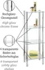 A glass shelf unit with chrome frame, featuring product details and close-ups. Produktbild-Vorschau
