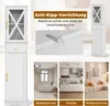 A collage showing a white bathroom cabinet, an anti-tip safety device, and three different room settings (bathroom, kitchen, living room) where the cabinet could be placed. Anteprima dell’immagine prodotto