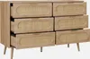 A wooden dresser with six drawers, each featuring a rattan insert and a gold handle, set against a plain white background. Anteprima dell’immagine prodotto