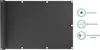 A dark gray balcony privacy screen is shown rolled up on the left side, with grommets along the top and bottom edges. To the right, there are three circular icons with text labels describing product features. Produktbild-Vorschau