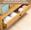 A close-up view of a wooden shelf with drawers containing clothing items. Náhled obrázku produktu
