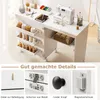 A white sewing table with various sewing supplies and a sewing machine, with close-up shots of its features. Produktbild-Vorschau