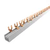 A long, gray electrical busbar with many copper connectors, presented on a white background. Produktbild-Vorschau