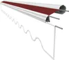 A close-up, angled view of a rolled-up awning fabric with a red stripe, showing the mechanism for deployment. Produktbild-Vorschau