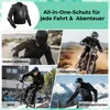 Protektorenjacke im Einsatz mit Text: Motorradfahren, Motocross, BMX, Wintersportarten und All-in-One-Schutz. Produktbild-Vorschau