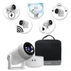 A collage of images showing a white projector and its accessories, along with feature callouts. Voir les images du produit