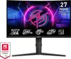 A gaming monitor with marketing graphics and specifications displayed on the screen and around it. Produktbild-Vorschau