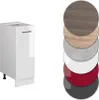 A white cabinet with a silver handle is shown next to a stack of circular samples of different finishes. Produktbild-Vorschau