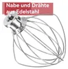A close-up shot of a stainless steel whisk attachment for a stand mixer, with German text overlay. Produktbild-Vorschau