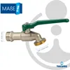 A close-up studio shot of a brass tap with a green handle, with measurement indicators and a brand logo. Produktbild-Vorschau