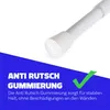 A close-up of the end of a white telescopic rod with a white rubber cap, set against a white background with a blue diagonal overlay containing text and a green checkmark. Produktbild-Vorschau