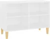 A white TV stand with four compartments and wooden legs, shown against a white background. Podgląd zdjęcia produktu