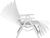 A white and light gray outdoor chair shown from the side with multiple ghosted images indicating its adjustable positions. Produktbild-Vorschau