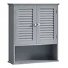 A gray bathroom cabinet with two louvered doors and an open shelf below. Produktbild-Vorschau