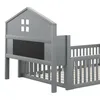 A close-up, side view of a gray wooden children's bed with a house-shaped headboard and a blackboard panel. Náhled obrázku produktu