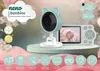 A baby monitor camera and receiver are displayed on a decorative stand, with floral elements in the background. Several feature icons are shown at the bottom. Náhľad obrázku produktu