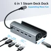 A product shot of a Steam Deck dock with various cables and ports labeled. Produktbild-Vorschau