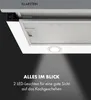 Close-up view of a white under-cabinet range hood with its integrated LED light illuminated, showcasing the brand logo and text details. Produktbild-Vorschau