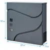 A gray modern mailbox with decorative curved lines and three square windows is shown against a white background. Dimensions are indicated by blue arrows and text. Produktbild-Vorschau