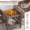 A wooden garden bench with a table, featuring a bowl of persimmons and a cup of coffee on the table. Icons on the right suggest uses for snacks, drinks, books, and decorations. Produktbild-Vorschau