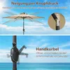 A split image showing a beige patio umbrella in use against a blue sky and ocean background, with close-ups of its features. Produktbild-Vorschau
