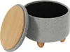 A round, upholstered storage ottoman with a wooden lid is shown with the lid slightly ajar. Produktbild-Vorschau