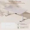 A white adjustable standing desk with dimensions and feature callouts. Produktbild-Vorschau