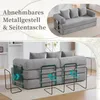 A collage showing a grey sofa bed with its features highlighted, including a metal frame and side pocket. Anteprima dell’immagine prodotto