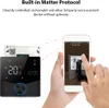 A person is scanning a QR code on a smartphone to connect to a smart thermostat. Produktbild-Vorschau