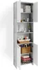 A tall, narrow bathroom cabinet with its doors open, displaying various items on its shelves. Produktbild-Vorschau