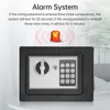 A safe with a keypad and alarm light, presented in a marketing-style image with text overlays and plant elements. Produktbild-Vorschau