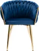 A blue velvet chair with gold legs, presented on a white background. Náhled obrázku produktu
