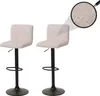 Two beige bar stools are shown against a white background, with a magnified view of the fabric texture.