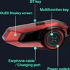 A close-up, angled view of a red and black motorcycle helmet communication device, with labels pointing to its various features. Náhled obrázku produktu