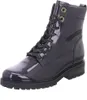 A black patent leather boot with laces and gold eyelets, shown against a white background. Náhled obrázku produktu