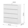 A white chest of drawers with dimensions indicated. Produktbild-Vorschau